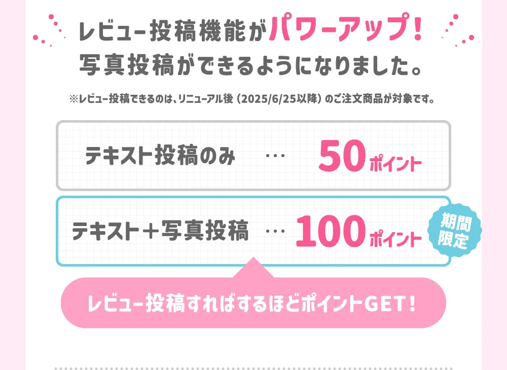レビュー投稿機能がパワーアップ！写真投稿ができるようになりました。※レビュー投稿できるのは、リニューアル後（2025/6/25以降）のご注文商品が対象です。