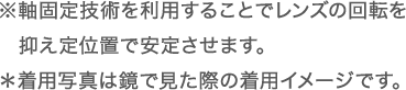 ※軸固定技術を利用することでレンズの回転を抑え定位置で安定させます。＊着用写真は鏡で見た際の着用イメージです。