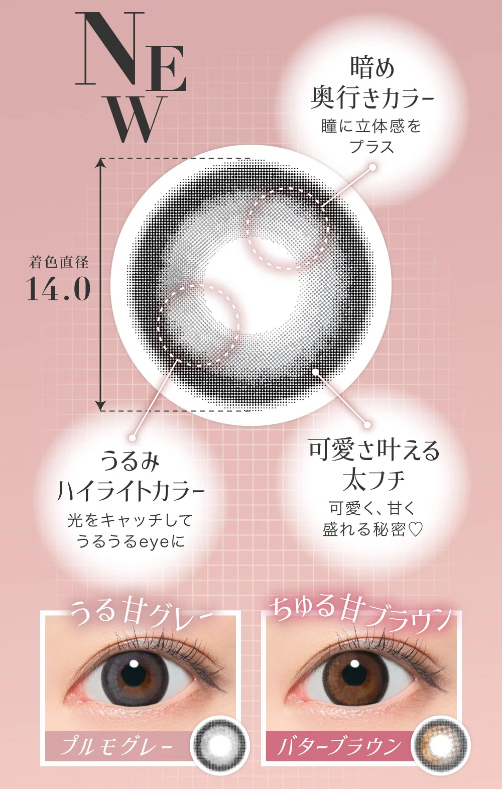NEW 暗め奥行きカラー 瞳に立体感をプラス 着色直径14.0 うるみ
                  ハイライトカラー 光をキャッチしてうるうるeyeに 可愛さ叶える太フチ可愛く、甘く盛れる秘密?